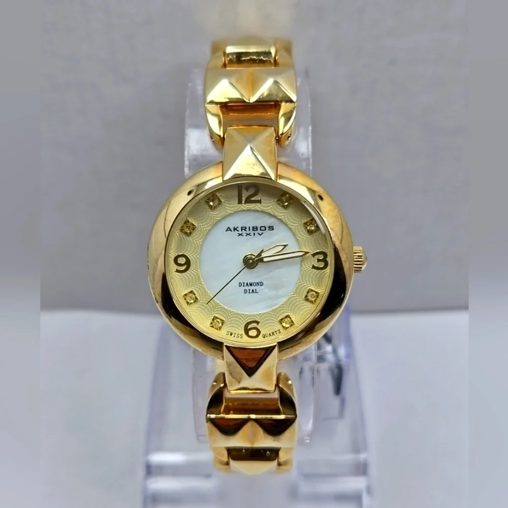 Womens Akribos XXIV Diamond Dial Quartz Gold Tone Watch New Battery AK755YG